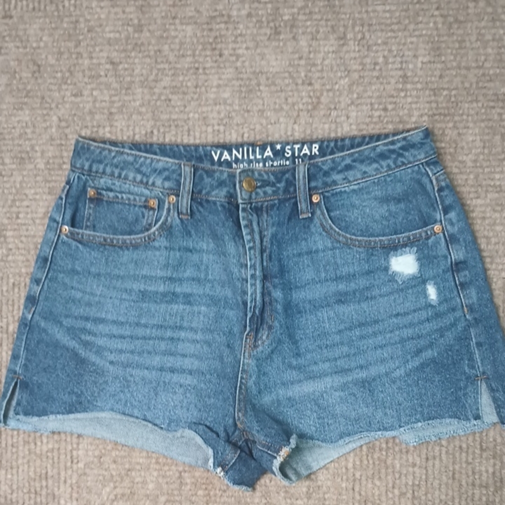 Vanilla Star High Rise Shorties 5 Pocket Cutoff Jean Shorts Size 11, 2" leg slit